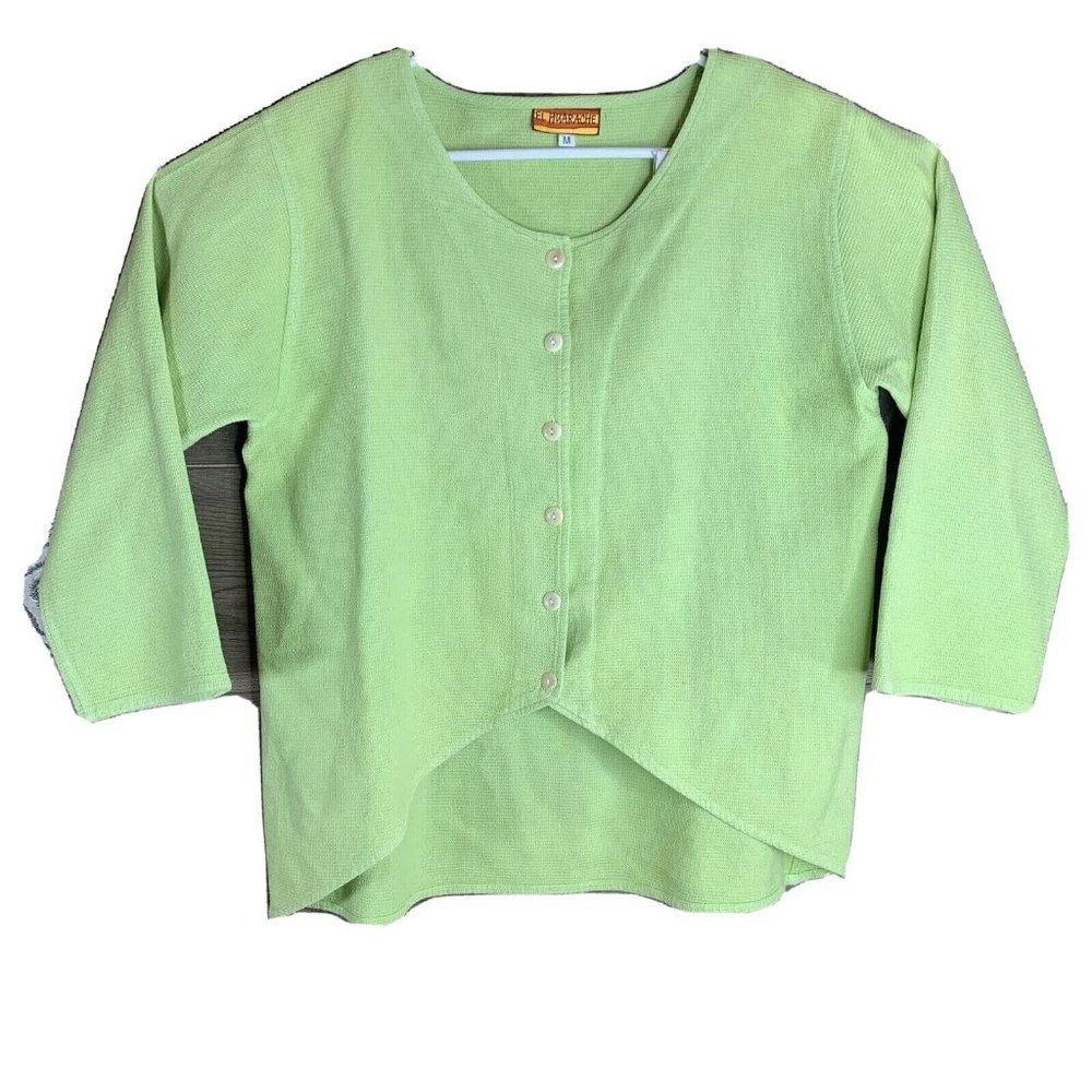 El Huarache Top Womens Medium Lime Green Button Up Shirt High/Low Hem LS